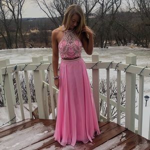 pink two piece prom dress